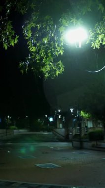 Sokak lambası. Yağmur damlası. Geceleyin yağmur. Hafif yağmur. Şehir kaldırımında ışık yansıyan su birikintisi. Sokak lambası. Sokak Işıklarıyla Yağmur Damlası.