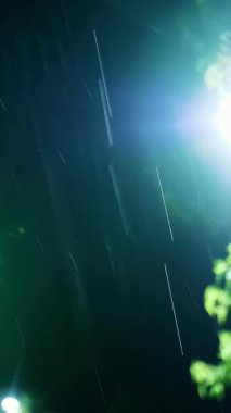 Sokak lambası. Yağmur Damlası. Gece yağmur yağacak. Hafif yağmur. Şehir kaldırımında ışık yansıyan su birikintisi. Sokak lambası. Sokak ışıklarıyla yağmur damlası. Yakın plan..