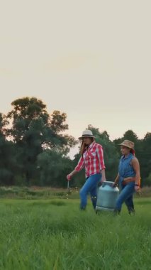 İnek sütü. İki çiftçi kadın, gün batımında otlayan ineklerin arka planına karşı yeşil çayır boyunca taze sütle dolu büyük bir konserve kutusu taşıyor. Süt sağmak. Süt çiftliği. Süt ürünleri. Çiftçilik.