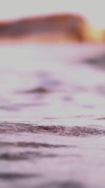 yakın çekim, deniz sörf On Sunset, temiz su kum kapsar. küçük dalgalar ile baloncuklar, kum plajındaki dalga yumuşak deniz. Deniz plaj