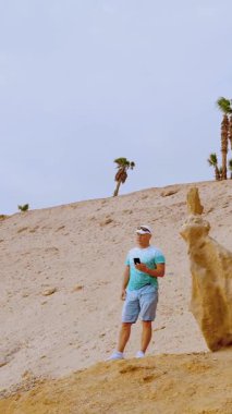 Hareketli konuşan yakışıklı atletik adam, büyük bir taşın yanında duruyor, çöl zeminine karşı, tek palmiyeli. Modern iletişim teknolojileri, internet, mobil operatörler kavramı