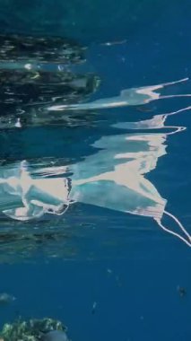 Denizde çöp. Denizde tıbbi maske. Tıbbi maskeler güneş ışığında yavaşça suyun altında sürükleniyorlar. Arka ışıklandırma. Çöp çevresi kirliliği sorunu