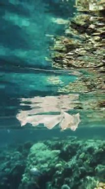 Denizde çöp. Denizin plastik kirliliği. Kullanılmış plastik torba mercan resifinin üzerinde yavaşça sürükleniyor, suyun altında, güneş ışığında. Plastik atık çevresel kirlilik sorunu
