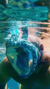 Şnorkelle yüzmek. Yüzme. Dalış. Şnorkel maskeli bir adam, sayısız renkli, egzotik resif balığıyla sualtı mercan resiflerini keşfediyor. yakın plan.