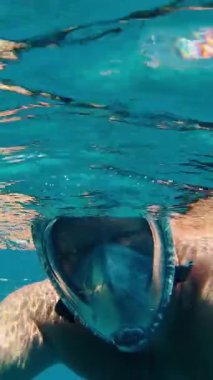 Şnorkelle yüzmek. Yüzme. Dalış. Şnorkel maskeli bir adam, sayısız renkli, egzotik resif balığıyla sualtı mercan resiflerini keşfediyor..