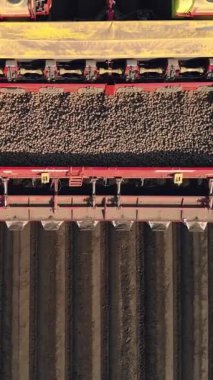 Havadan gözlem, üst görüş, patates ekme araçları için özel donanımlı büyük traktör siyah toprak tarlaları, patates ekimi, hatta sıra sıra, tepecikler. Ekim mevsimi. Güzel bir bahar günü