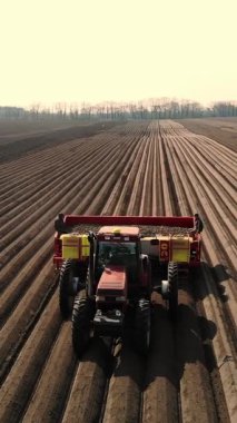 UKRAINE, CHERKASY, 5 Mayıs 2019: hava incelemesi, üst görüş, patatesleri sürmek için özel donanımlı büyük traktör, pullu siyah toprak tarlaları, patates, hatta sıra sıra, tepecikler. Ekim mevsimi. bahar günü.