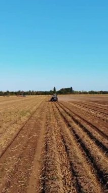 Patates hasadı. Patates biçme makinesi. Çiftlik makineleri, patates biçme makineli traktör, bir tarlada patates topluyor. Akıllı çiftçilik. Hava manzaralı. güneşli sonbahar günü