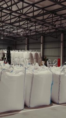 Tarım deposu. Depo. Torbalar dolusu mısır tohumu, tahıl. Mısır tohumları için büyük bir depo üretim, satın alma ve satışa hazırlık.