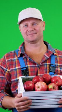 gülümseyen bir ahşap kutu kırmızı olgun organik elma ile tutarak yakışıklı erkek çiftçi portresi. Studio yeşil arka plan üzerinde. Tablonuza sağlıklı gıda
