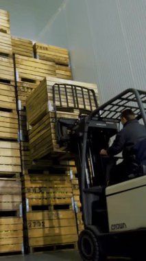 Özel makine, yükleyici, forklift kamyon özel depo depoda büyük ahşap kutuları üst üste, elmalı koyar