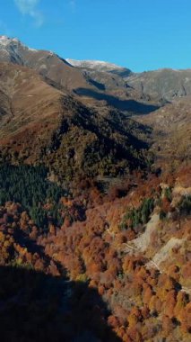 İtalya, Alpler 'de hava manzarası. Ağaç yapraklarının kırmızı, turuncu ve sarı tonlarını sergilediği sonbahar dağ manzarası.