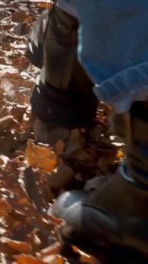 Botlu bir kadın sonbahar parkında yürüyor, Alplerdeki ormanda. Düşen yaprakların üzerinde yürüyen çizmeli kadın bacaklarının yakın çekimi..