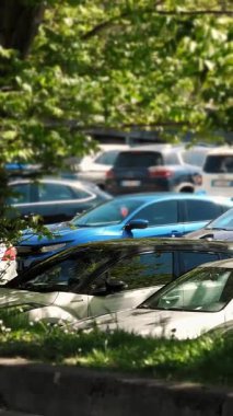 Işıl ışıl güneşli bir günde bereketli yeşilliklerle çevrili yoğun şehir otoparkı