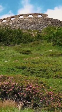 Kemerli tarihsel askeri takviye berrak mavi gökyüzünün altında pembe kır çiçekleriyle süslenmiş gür bir dağ yamacının tepesinde duruyor. Doğal bir ortamda sakin, tarihi bir yer.