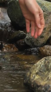 Bir kızın portresi. Elleri Alp Dağları 'ndaki nehirden su topluyor. Kız nehirden temiz su içiyor. Ekoloji. Turizm ve yürüyüş. Boş zaman. Sağlıklı yaşam tarzı
