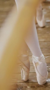 yakın, dans salonu, mor tayt içinde genç balerinler pas de Bourré suivi ayak barre adlı bale sınıf aynada yakınındaki pointe yerinde duran beşinci konumda gerçekleştirin....