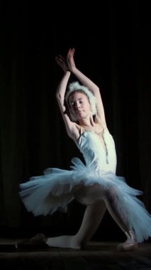 spot ışık, Sahne Alanı'ndaki eski tiyatro salonunun ışınları içinde. Beyaz Kuğu ve pointe ayakkabı, takım elbiseli genç balerin dans ediyor zarif belirli bale hareket, bölümü de sütyen.