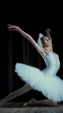 spot ışık, Sahne Alanı'ndaki eski tiyatro salonunun ışınları içinde. Beyaz Kuğu ve pointe ayakkabı, takım elbiseli genç balerin dans ediyor zarif belirli bale hareket, Kuğu Gölü.