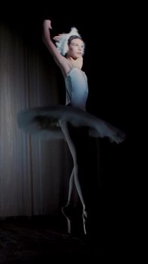 spot ışık, Sahne Alanı'ndaki eski tiyatro salonunun ışınları içinde. Beyaz Kuğu ve pointe ayakkabı, takım elbiseli genç balerin dans ediyor zarif belirli bale hareket, Kuğu Gölü.