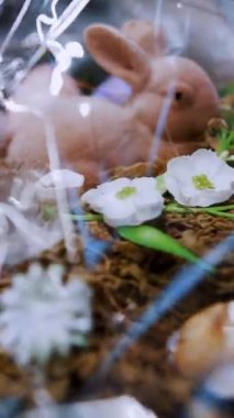 Paskalya panayırı. Yakın plan. Paskalya süslerini tutan kadın elleri. Paskalya kompozisyonu, saydam ambalajda bir tavşan ve yumurta. Katolik Paskalyası için geleneksel Avrupa dekorasyonu