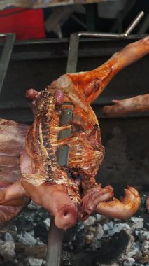 Yavru domuzlar kızartılıyor. Kızarmış et, sulu domuz eti. Yakın plan. Kızarmış domuz mu yoksa tükürüğe konmuş domuz mu? Açık havada. Barbekü açık hava. Et pişiriyorum..