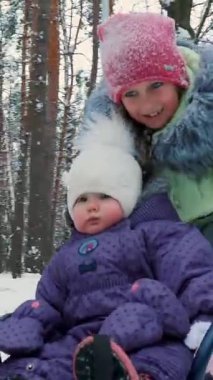 karla kaplı kış orman, iki kız, bir yıl ve yedi yaşında içinde kızakla eğlenin. büyük kız kardeşi kardeşi kızağa alır.