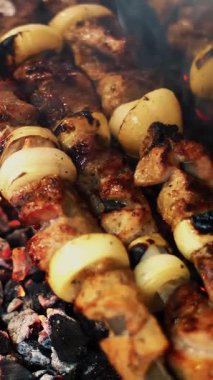 Metal şiş üzerinde yemek ızgara kebap kapatın. Barbeküde pişmiş kavrulmuş et. Panjur kömür ve alev, piknik, sokak gıda