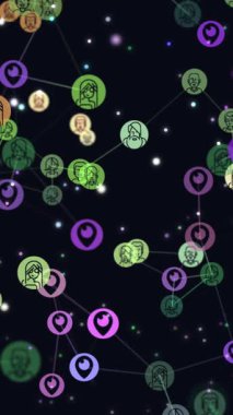 Dijital grafik video animasyon ağ soyut kullanıcılar, online topluluk, Gps. Gps küresel artan popülaritesi kavramı simgelerin uçan konumlandırma, insanlar arasında uydu navigasyon sistemi.