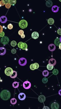 Dijital, motion grafik video animasyon ağ soyut kullanıcılar, online topluluk, uçan afiş, heyecan simgeler. insanlar arasında sosyal ağların popülerlik büyüyen kavramı.