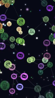 Dijital, motion grafik video animasyon ağ soyut kullanıcılar, online topluluk, uçan afiş, posta simgeleri. e-posta ağlarına insanlar arasında popülerlik büyüyen kavramı.