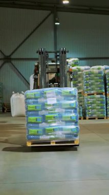 Ukrayna, Cherkasy, 25 Mart 2019: tarım şirketi Mais. Forklift sürücü istifleyici yükleyici ile mısır büyük paket paletleri istifleme, paletalır, büyük bir depodan taşır.