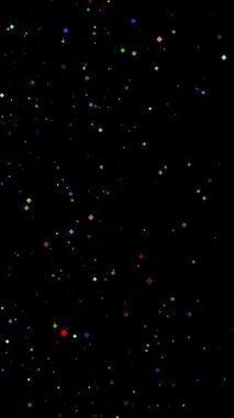 Soyut büyülü arkaplan. Eşkenar dörtgen şeklinde ışıldayan parlak parçacıklar siyah arkaplana düşüyor. Uçan, titreyen ışık parçacıkları, ışıltılar