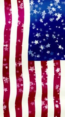 Amerikan bayrağı şeklinde hareket eden arka plan, rüzgarda dalgalanır gibi. Bayrağın üzerinde şeffaf yıldızlar uçuşuyor.