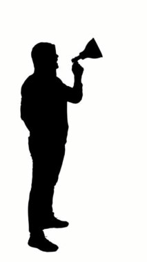 Protestocuların siyah silueti bir megafon tutuyor, beyaz arka planda sloganlar atıyor. Eylemci protestoda, mitingde, gösteride. Amerika 'daki Afrikalı Amerikalılar protestolar.