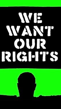 Animasyon. Protestocuların siyah siluetinde kafasının üstünde 