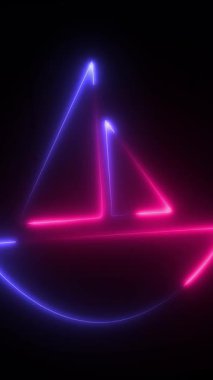 Işık animasyonu. Neon pembe ve mor, yanıp sönen ve parlayan bir tabela, siyah bir arka planda tekne hatları.