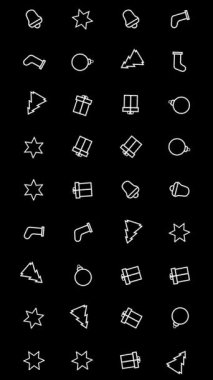 Noel, Yeni Yıl ikonları animasyon döngüsü. Kusursuz bir arka plan. Küçük, grafiksel olarak çizilmiş Noel simgeleri, Yeni Yıl teması siyah arkaplanda yavaşça döner