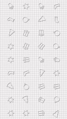 Noel, Yeni Yıl ikonları animasyon döngüsü. Kusursuz bir arka plan. Küçük, grafiksel olarak çizilmiş, Noel, yeni yıl simgeleri ızgarada yavaşça döner. beyaz arkaplan