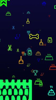 Ulusal Hayvan Günü. Neon simgeleri arkaplanı. Kusursuz desen. döngü animasyonu. Küçük, çok renkli simgeler, illüstrasyonlar veya logolar görünür, siyah arkaplanda yavaşça uçar.