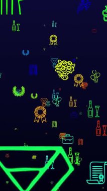 Dünya Öğrenciler Günü. Neon simgeleri arkaplanı. Kusursuz desen. döngü animasyonu. Küçük, çok renkli simgeler, illüstrasyonlar veya logolar görünür, siyah arkaplanda yavaşça uçar.