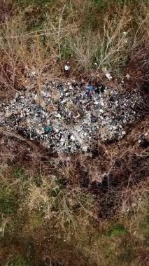 Ormandaki çöplük. Ekolojik bir sorun. Bahar ormanının ortasında yasadışı çöplük. Havadan görünüşlü. Bir yığın plastik torba, yiyecek atıkları, çöpler, açık havaya atılmış. Çevre kirliliği.