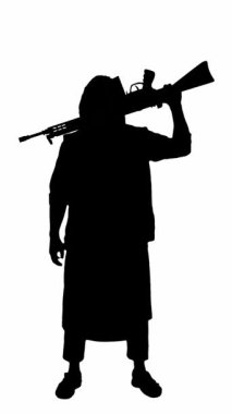Militan. Siyah siluet. Beyaz arka planda elinde silah olan siyah bir militan silueti olduğu çok açık. Savaş konsepti. Afganistan.