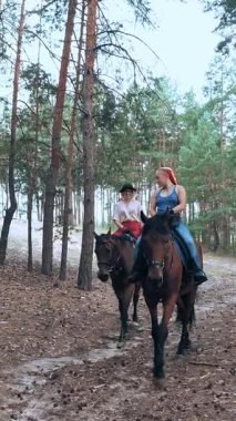 Igbt insanlarının hayatı. Gökkuşağı. Aynı cinsiyette aşk. Lezbiyen kadınların genç çifti ortak bir hobiyle meşgul, ata biniyorlar. Kız arkadaşlar ormanda at biniyor.