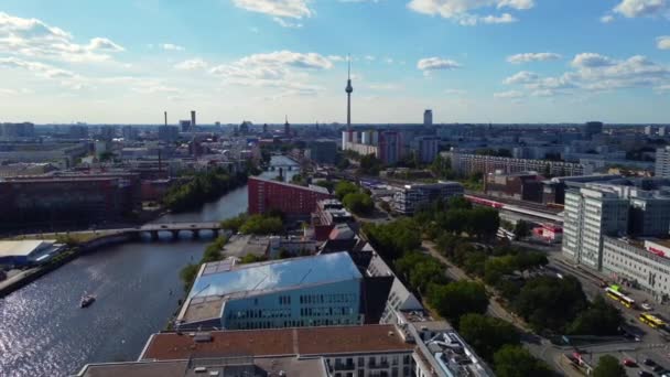 Panorama Visão Geral Drone East Side Gallery Friedrichshain Ensolarado Dia — Vídeo de Stock