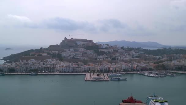 Boom Slide Right Drone Island Ibiza Town Port Harbor October — Stock Video