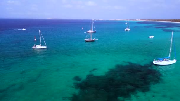 Voar Drone Reverso Praia Dos Sonhos Formentera Ibiza Verão 2022 — Vídeo de Stock