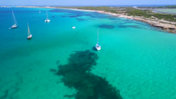 Panorama Overzicht Drone Droomstrand Formentera Ibiza Zomer Van 2022 Cinematisch — Stockvideo