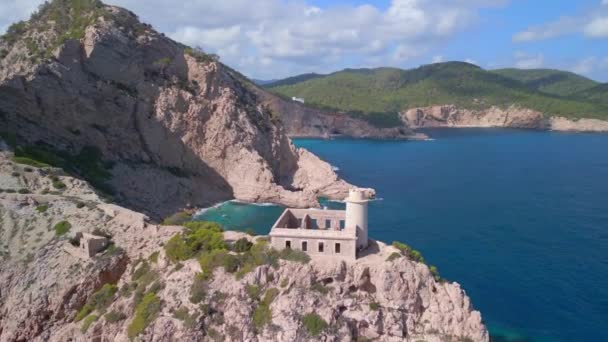 Sorvolare Drone Sorvolo Filmato Ibiza Faro Punta Grossa Nell Estate — Video Stock