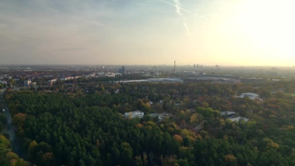 Panoráma Áttekintés Drón Reggeli Napkelte Erdőben Berlini Ősz 2022 Október — Stock videók